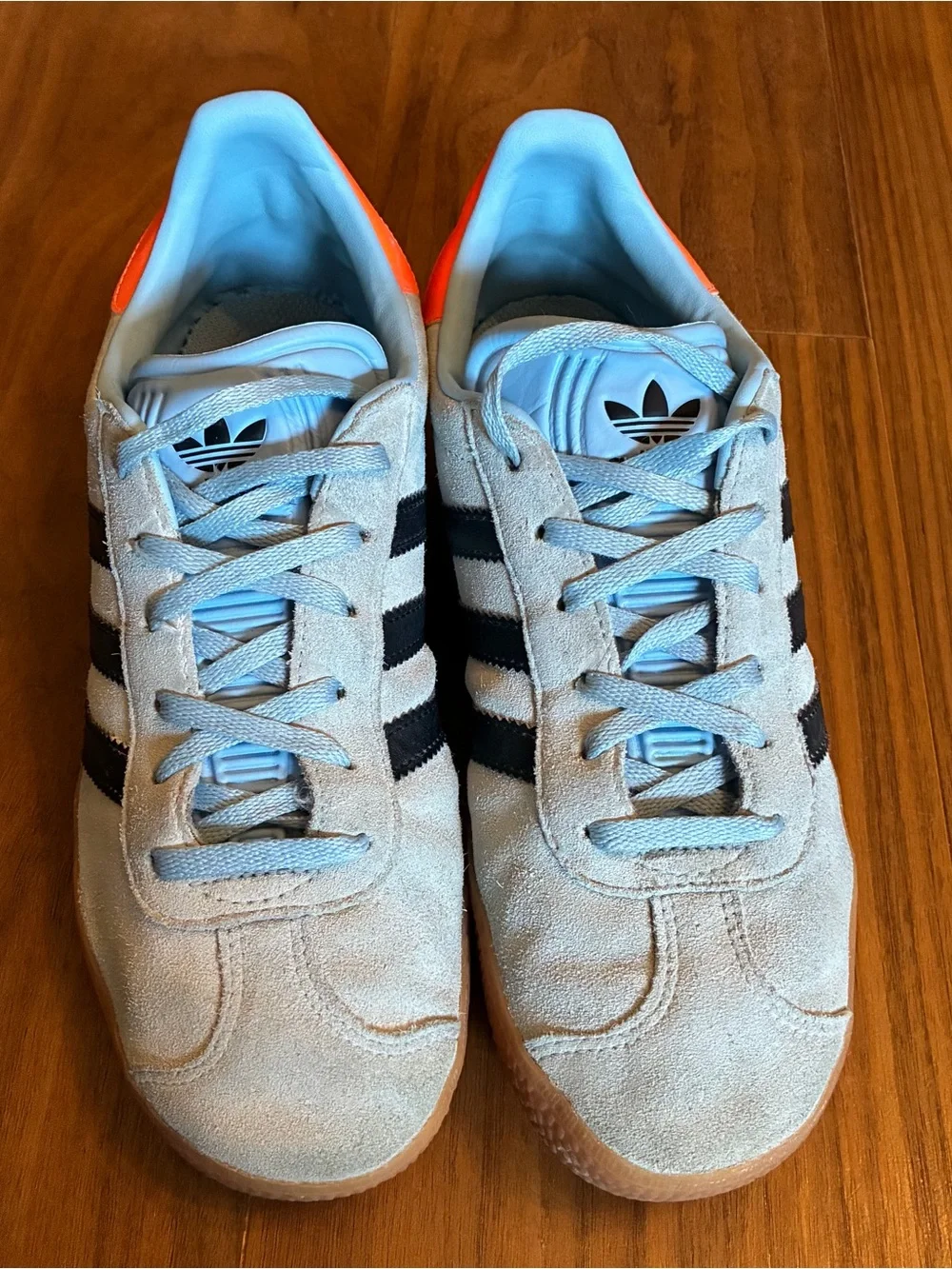 adidas Gazelle Light Blue Suede Sneakers with Black Stripes and Orange Heel